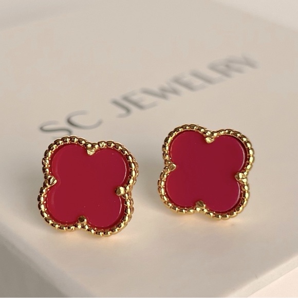 Rose Red Clover Stud Earrings Onyx Stone Luxury Jewelry - Picture 1 of 11
